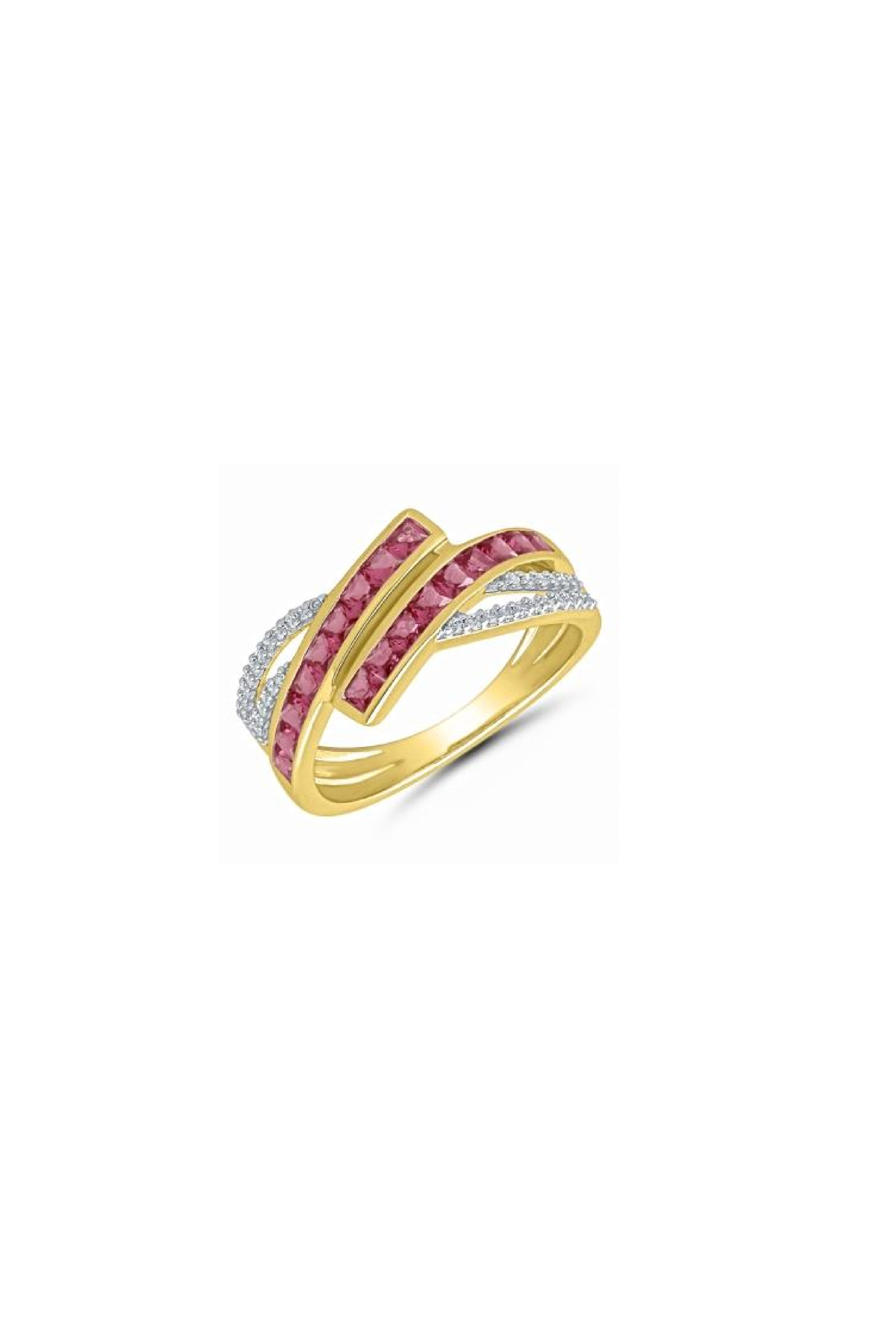 Bague Venus rubis diamants or jaune 750 millièmes