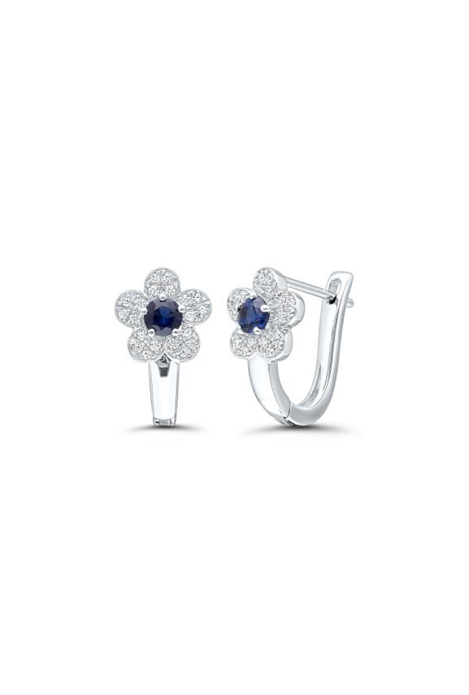 Boucles d'oreilles Marguerite saphirs diamants or blanc 750 millièmes