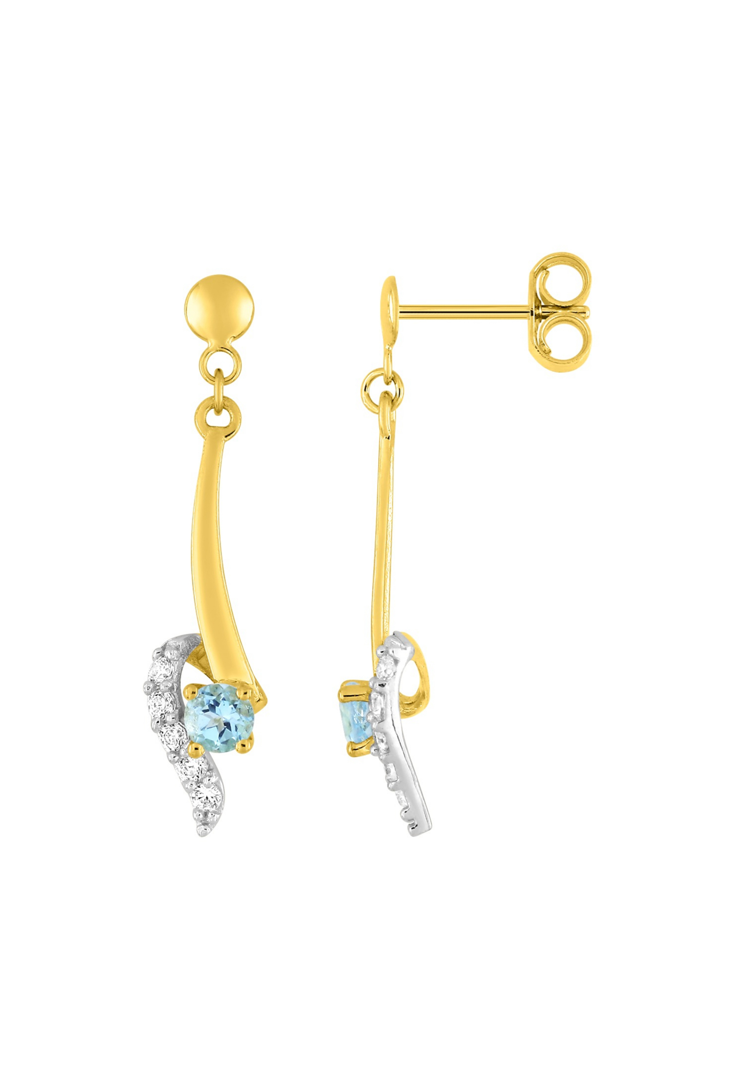 Boucles d'oreilles pendantes topaze bleue bicolore or 750 millièmes