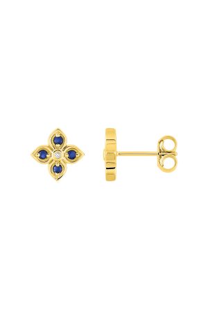 Boucles d'oreilles Trèfle saphirs diamants or jaune 750 millièmes