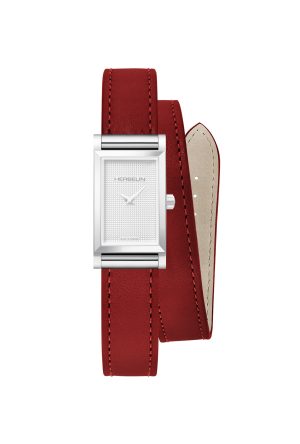 Bracelet Double Tour Michel Herbelin Cuir Rouge Boucle Ardillon  Acier Inoxydable