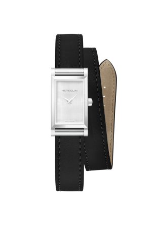 Bracelet Double Tour Michel Herbelin Cuir Noir Boucle Ardillon  Acier Inoxydable