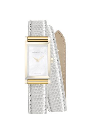 Bracelet Double Tour Michel Herbelin Cuir Blanc Boucle Ardillon  Acier Inoxydable PVD Or Jaune