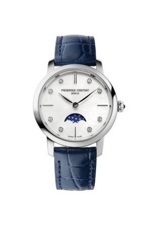 Montre Frédérique Constant Slimline Ladies Phase de Lune Quartz Diamants Cuir Bleu