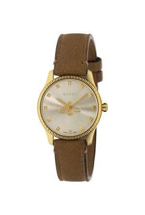 Montre Gucci G-Timeless quartz cuir champagne acier inoxydable PVD or jaune trotteuse abeille